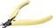 Yellow side cutters with a curved handle and sharp cutting head, suitable for precise wire cutting work.