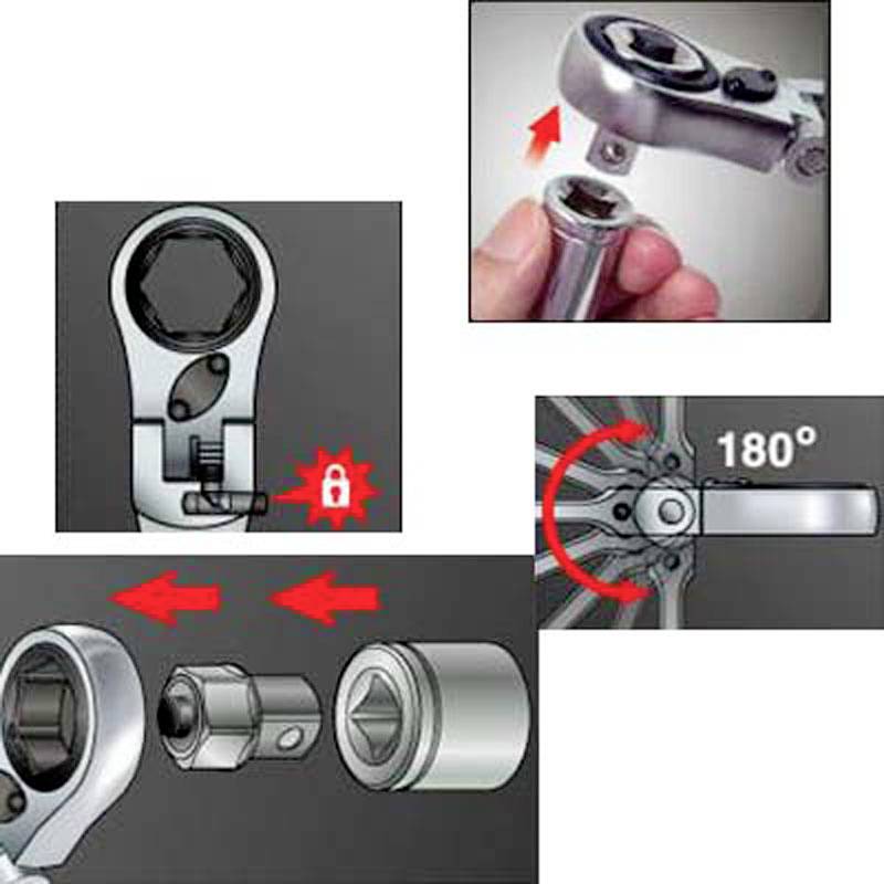 A ratchet with a lock demonstrates the function of securely fixing the socket. Arrows indicate the correct usage.
