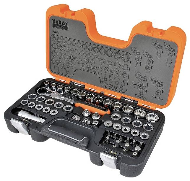 Socket wrench set in an open, orange-black hard-shell case. Various sockets and tools are neatly arranged.