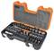 Socket wrench set in an open, orange-black hard-shell case. Various sockets and tools are neatly arranged.