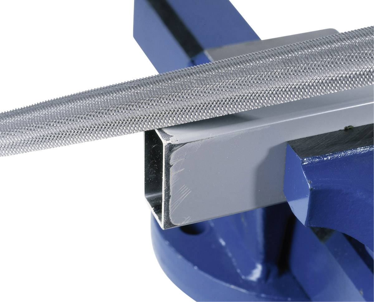 A file being drawn over a piece of metal clamped in a vice. The workbench has a blue surface.