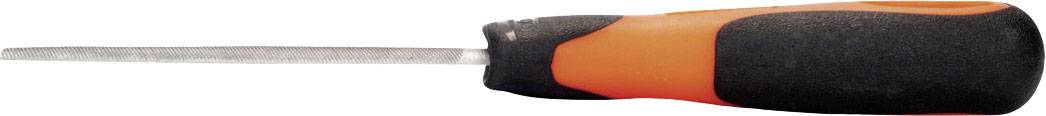 A screwdriver with a black and orange handle, lying down.