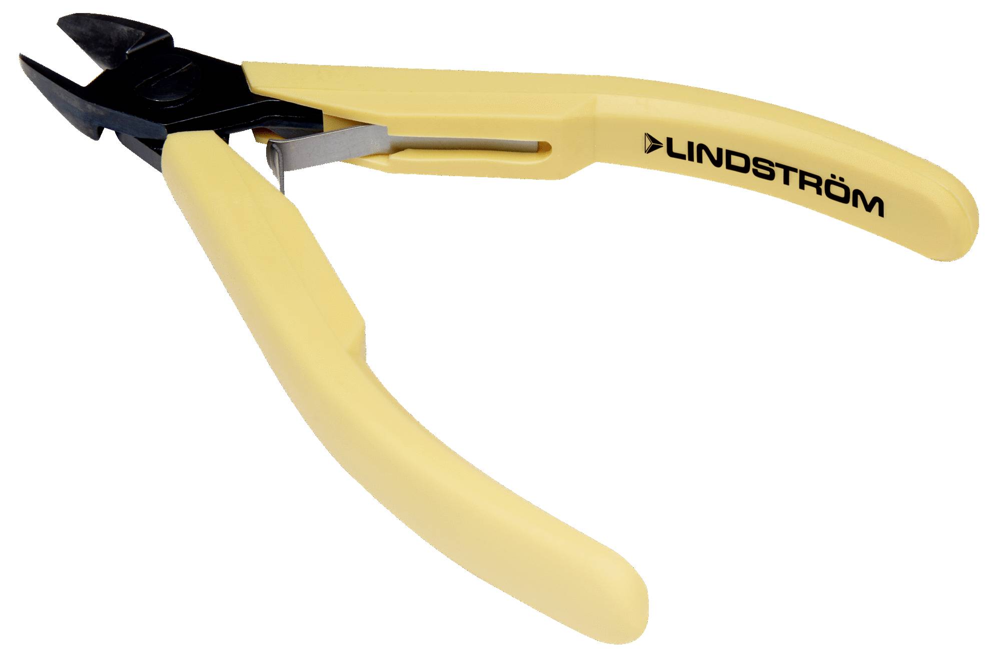 Yellow Lindström wire cutters with sharp, black metal blades, designed for precision cutting in electronics or jewelry making.