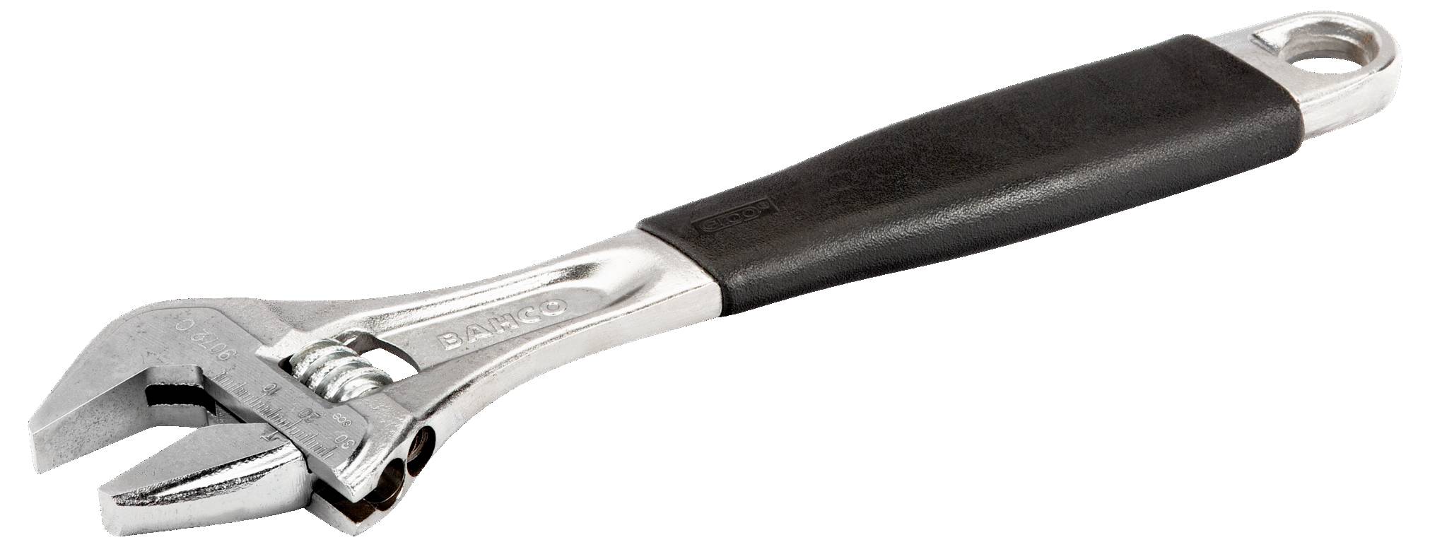 An adjustable wrench with a metallic body and black rubber handle, designed for gripping and turning various sizes of nuts and bolts.