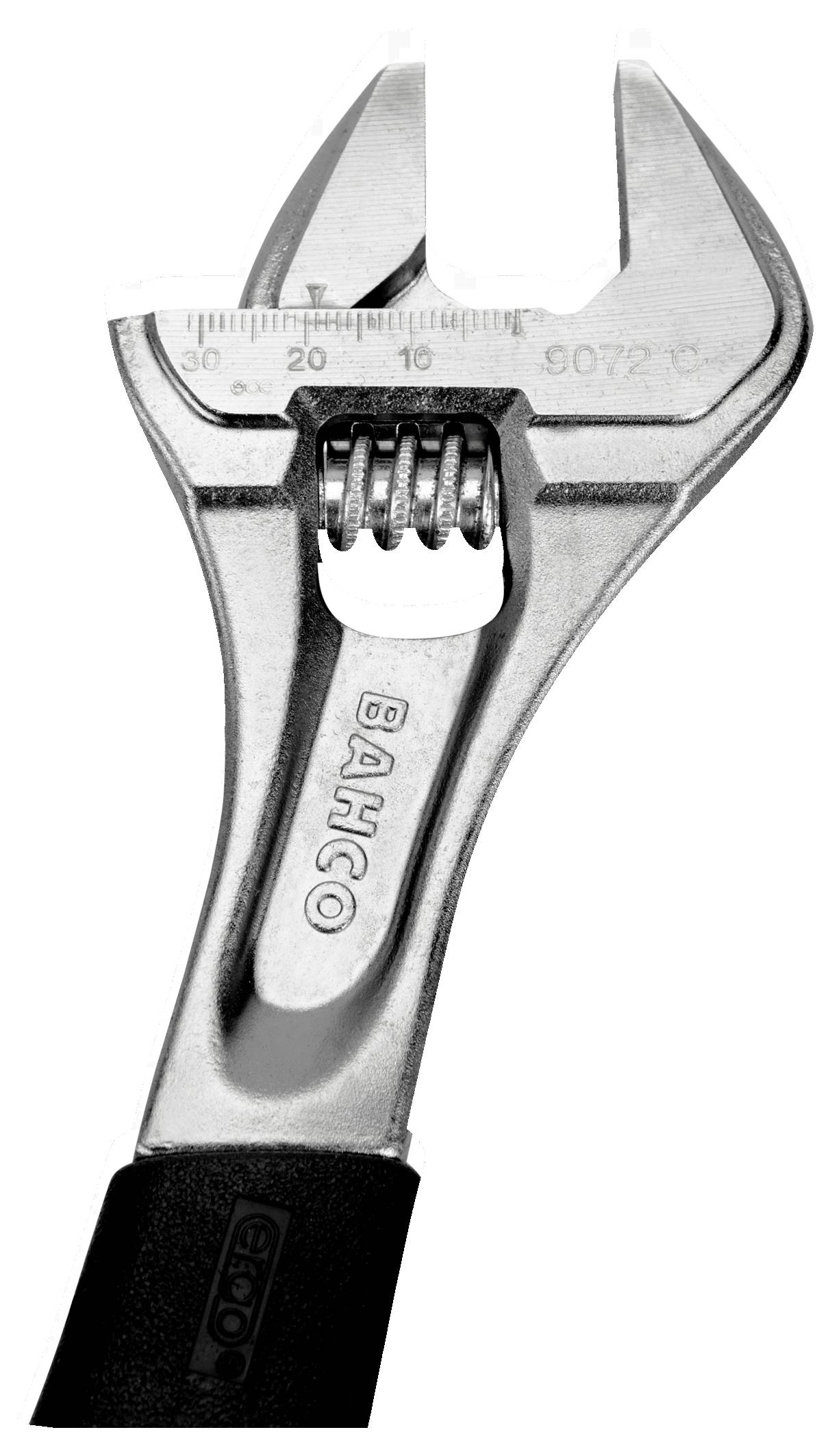 An adjustable wrench with a scaled gauge on the head for measuring nuts, displaying the brand name along the handle.