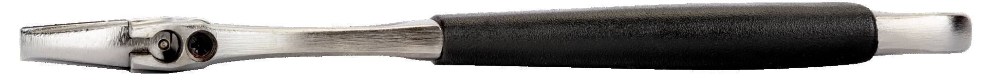 A metal cork remover with a black handle, featuring a lever mechanism for opening wine bottles.