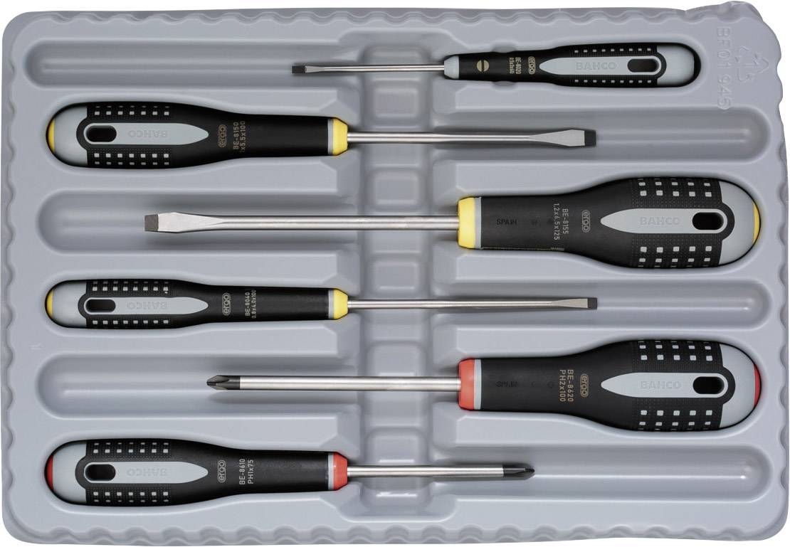 Six-piece screwdriver set in a plastic case. Contains various sizes and types, including Phillips and flathead screwdrivers.