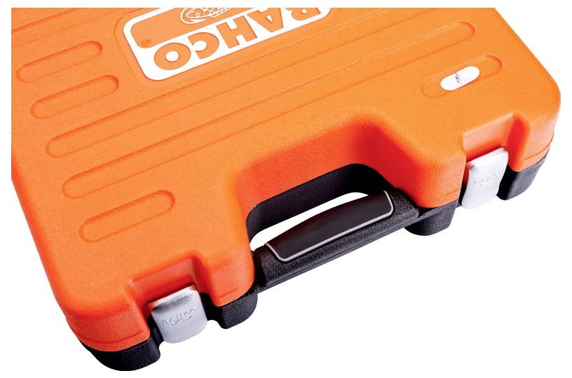 A bright orange tool case with a 'BAHCO' logo on top, featuring a black handle and silver latches.