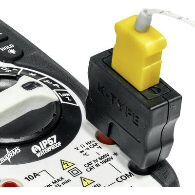 A digital multimeter with K-TYPE sensor, showing potential applications for temperature measurements. Markings: IP67, CAT IV 600V.