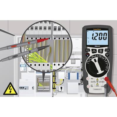 'Measuring device showing 120.0, test probes in distribution box. Focus on electrical measurement. Warning symbol for electrical hazard.'