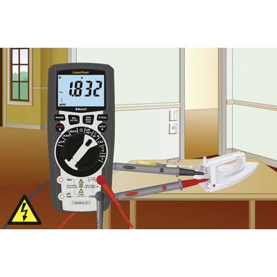 A digital multimeter measures a voltage of 183.2 V on an iron placed on a table in a room. Electrical hazard warning symbol visible.