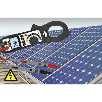A solar panel is being tested with a digital multimeter, which displays a reading of 20.55. A high-voltage symbol is shown below.