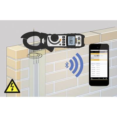 'Illustration of a digital clamp ammeter measuring current in a cable on a wall with Bluetooth transmission.'
