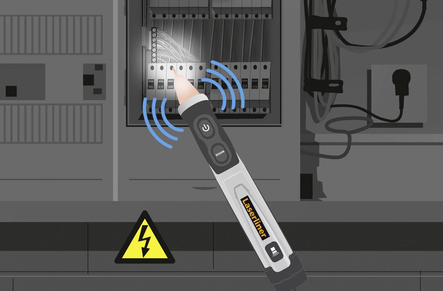 A voltage probe with a luminous tip is pointing at an open fuse box. In the background, there is a warning sign for electrical voltage.