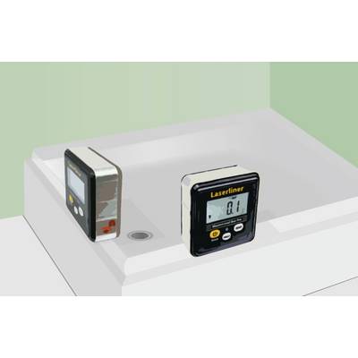 Two digital spirit levels on a flat surface with slightly different inclination values. Both are displaying measurement data.