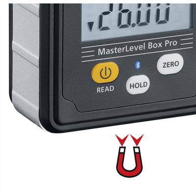 Digital inclinometer with display reading '-26.06°', buttons for 'Read', 'Hold', 'Zero' and Bluetooth symbol. Magnet symbol underneath.