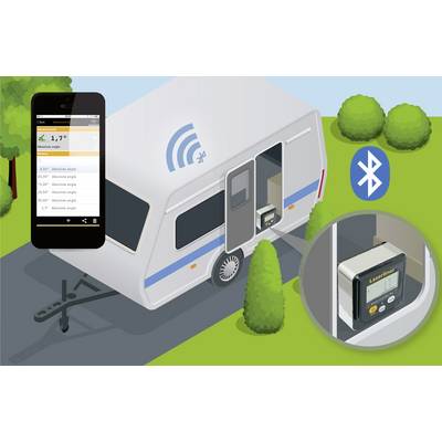 Caravan with integrated digital inclinometer. Smartphone displays angle of inclination. Bluetooth symbol indicates wireless connection.