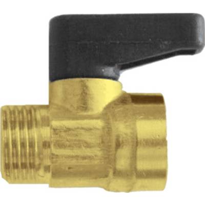 Brass valve with a black lever, threaded connection on one side, smooth end on the other side, commonly used for water pipes.