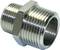 Metal threaded nipple, cylindrical, with a hexagonal nut in the middle. Used for connecting pipes or hoses.