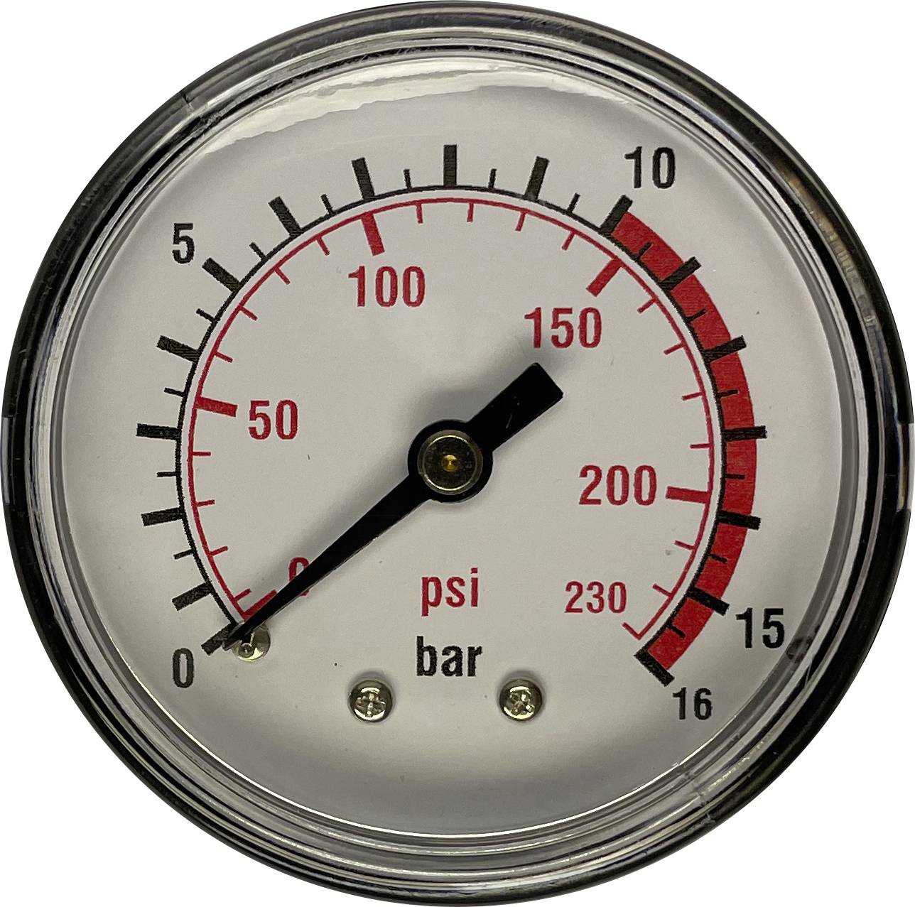 Round pressure gauge showing near zero pressure, with dual scales labeled psi and bar.