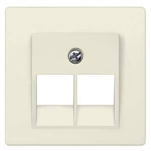Double network socket cover plate in cream colour with a central screw for mounting. Ideal for use in office environments.