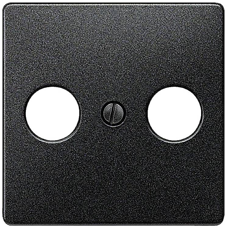 Black, square socket cover with two round openings and a central screw.