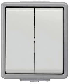 A double light switch with a grey frame and two white toggle switches.