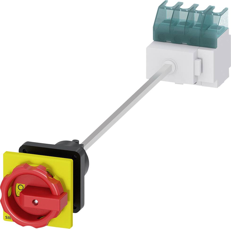 A red rotary switch on a yellow background on an extended mechanism, used for switching or disconnecting an electrical circuit.