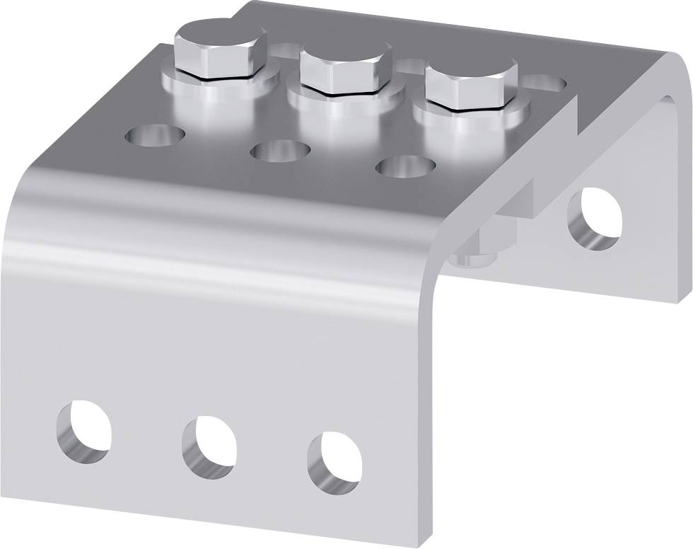 Metal angle bracket with nine holes, mounted with three screws. Used for securing structures or components.