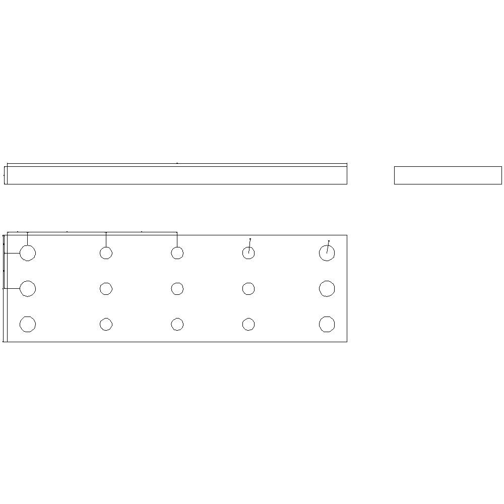 'Dimensioned drawing with two views of a rectangular object featuring symmetrically positioned circles and dimension lines.'
