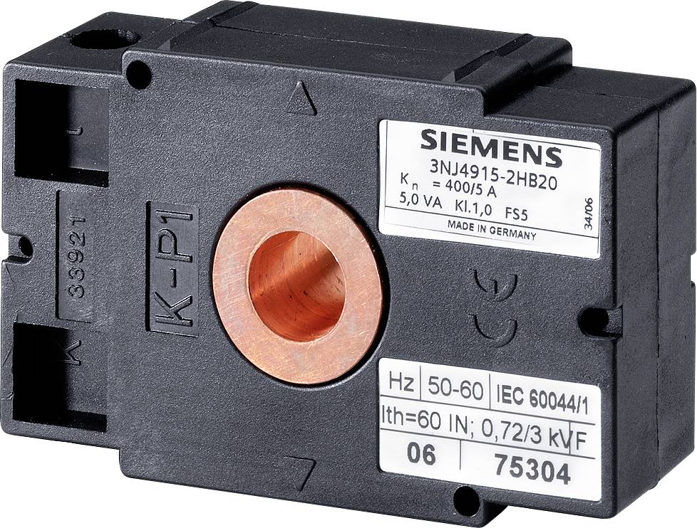 An electrical component with 'Siemens' inscription, type 3NJ4915-2HB20, designed for 400/5 A, frequency 50-60 Hz, protection class and specifications indicated.