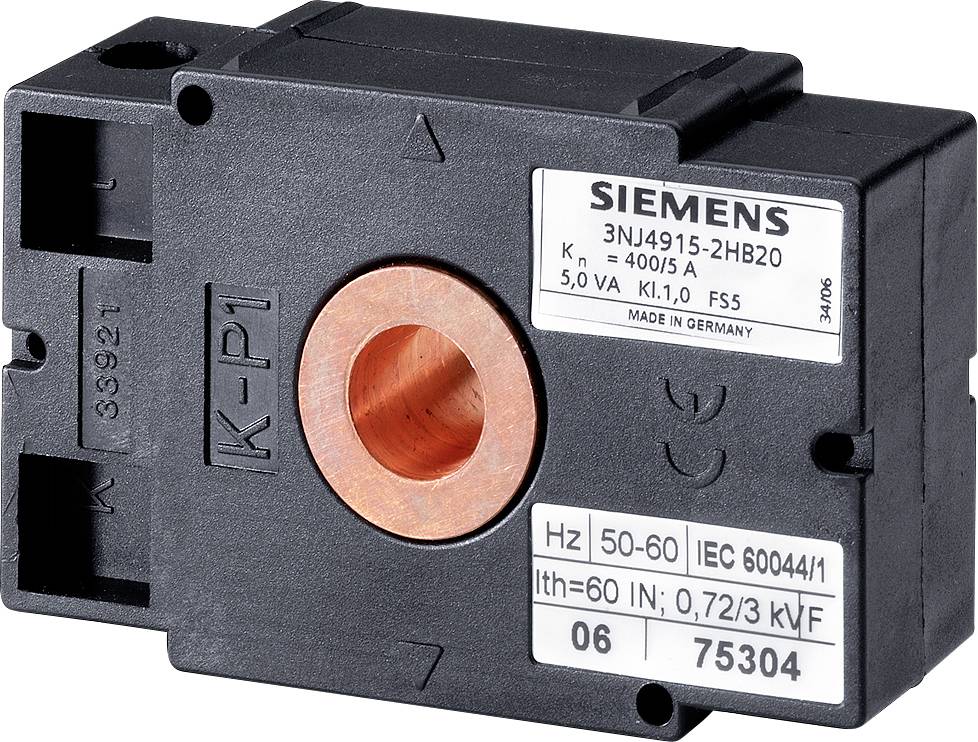 A black current transformer by Siemens, model 3NJ4915-2HB20, suitable for 400/5 A, 5 VA, F5S, 50-60 Hz, IEC 60044/1.