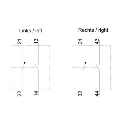Diagram shows two columns labelled 'Links/Left' and 'Rechts/Right'. Each column has four numbered fields: Left (21, 22, 13, 14), Right (31, 32, 43, 44).