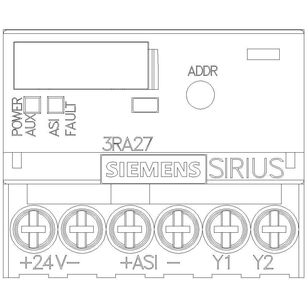 'Drawing of a Siemens Sirius module with connections and labelling: +24V, +ASI, Y1, Y2, POWER, AUX, ASI, FAULT, ADDR, 3RA27.'