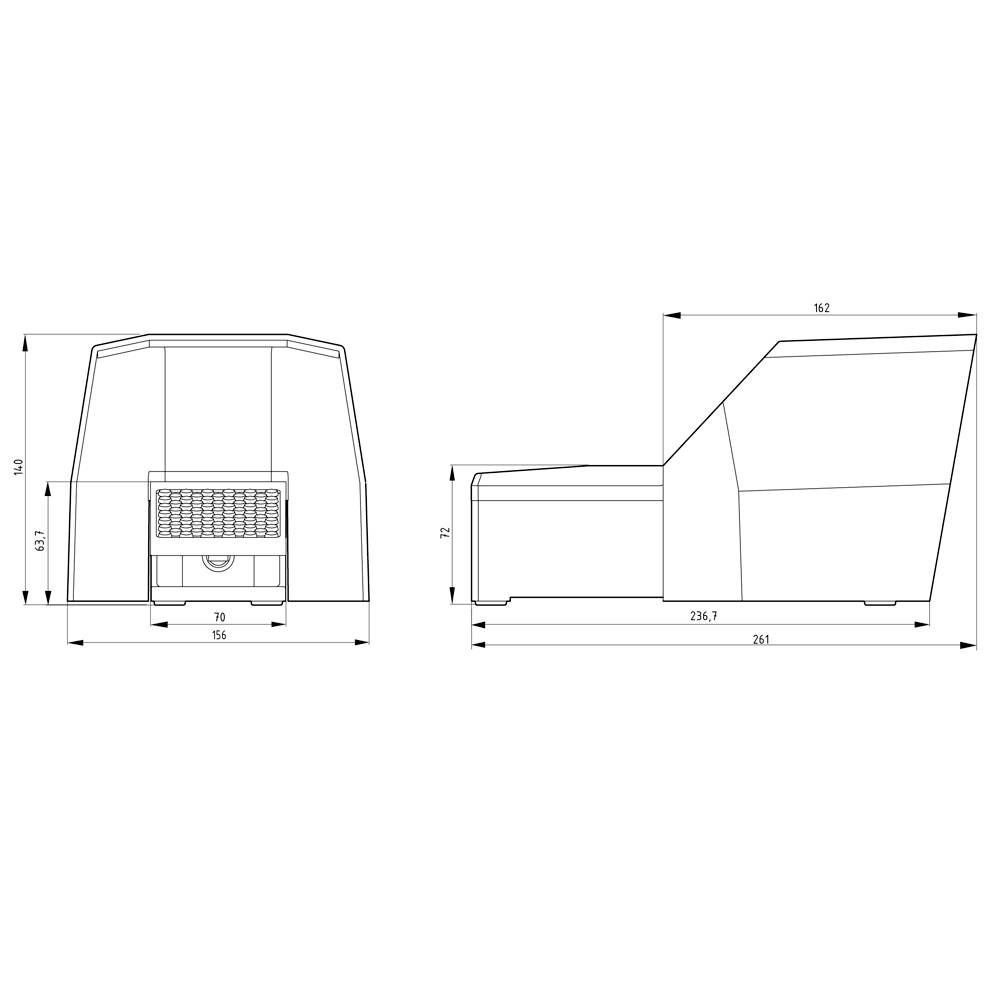 Technical drawing of a device with dimensions. Shows front and side views with precise measurements in millimetres.