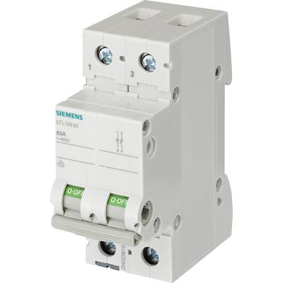 A white Siemens circuit breaker with two switches and green "O-OFF" markings, suitable for 63A at 440V.