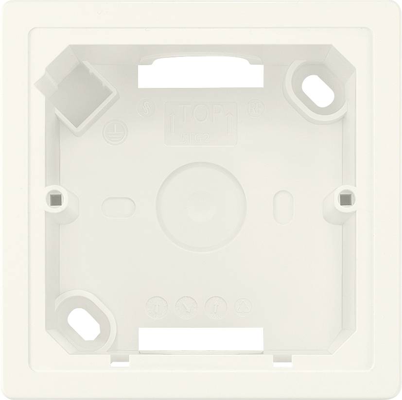 White plastic flush-mounted socket with four fixing holes and 'TOP' marking at the top.