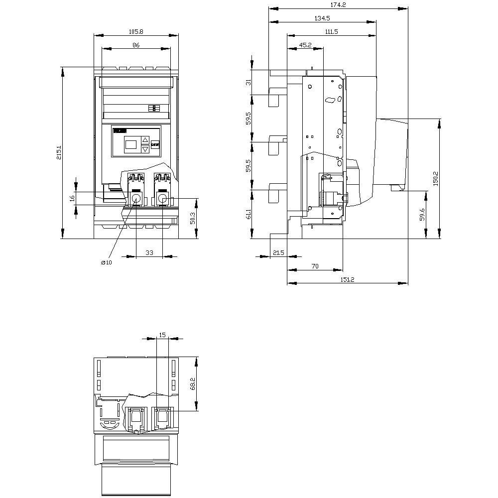 Technical drawing of a circuit breaker. Shows front, side, and rear views with precise measurements in millimetres.