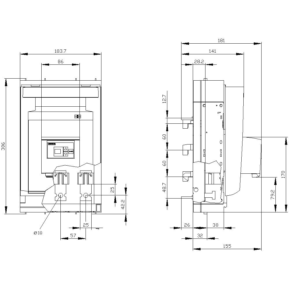 Technical drawing of an electrical switch with front and side views. Dimensions in millimetres for precise specifications.