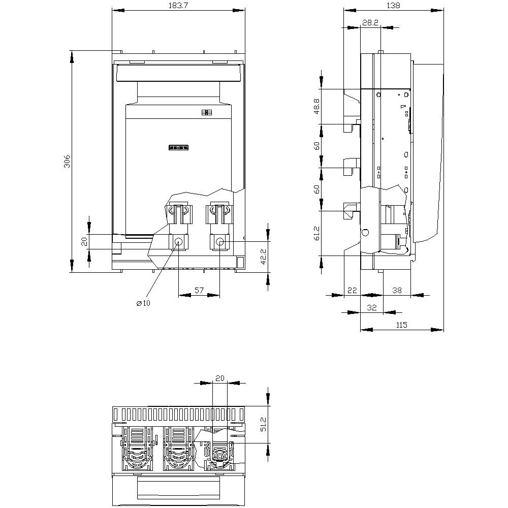 Technical drawing of an electrical device with a three-sided view. Contains detailed measurements in millimetres.