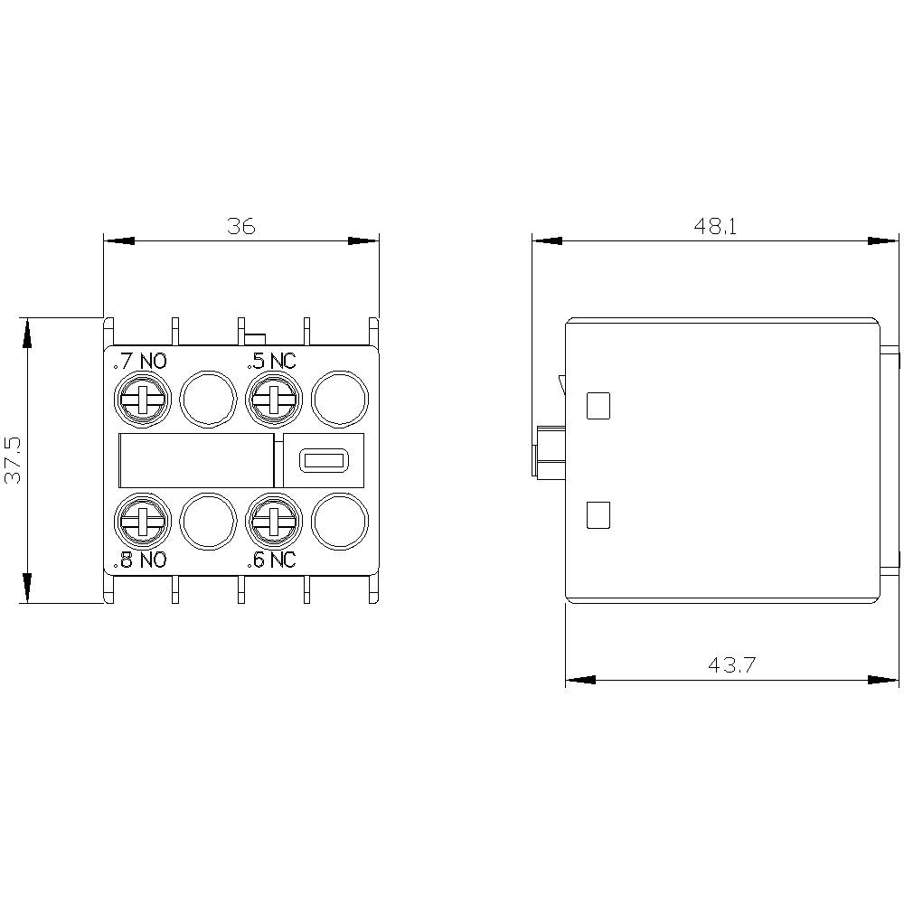 Technical drawing of a relay with dimensions: width 36 mm, height 37.5 mm, depth 48.1 mm. Connections with labels.