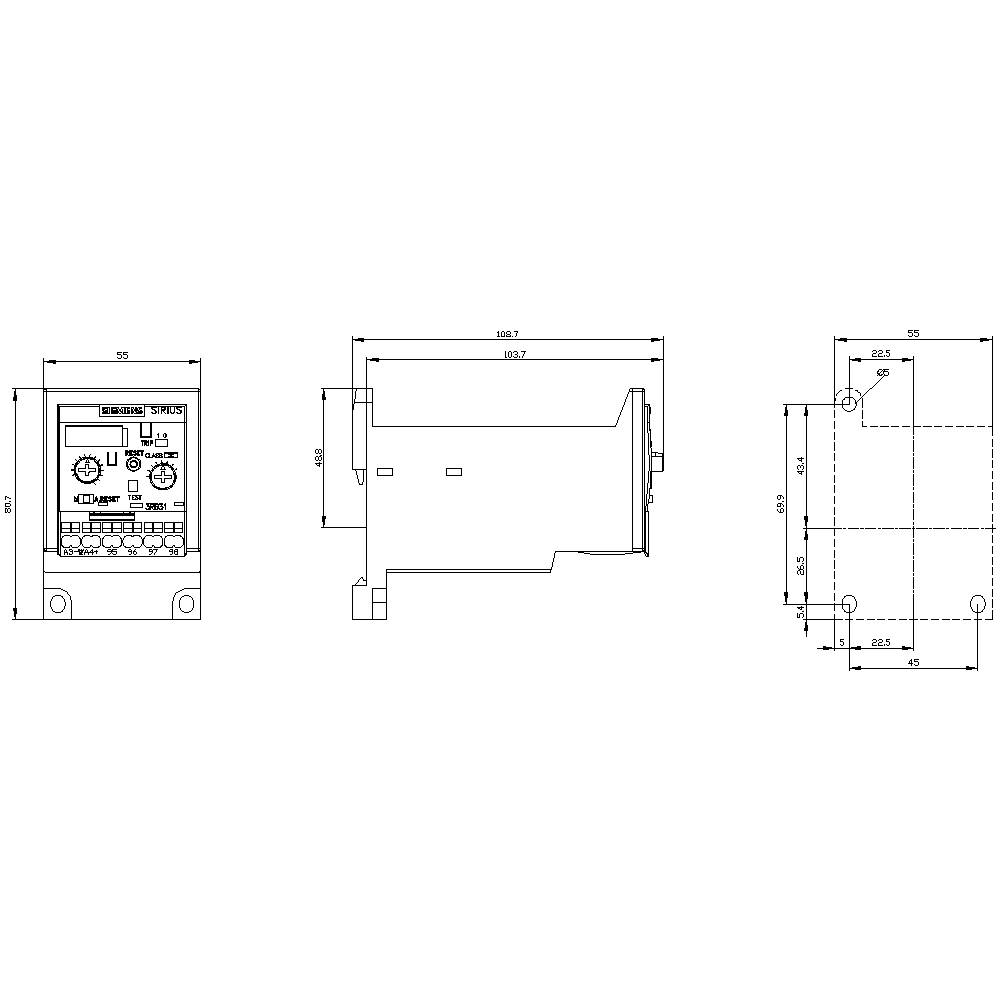 Technical drawing of an electronic device with front, side, and top views, including measurements and control elements.