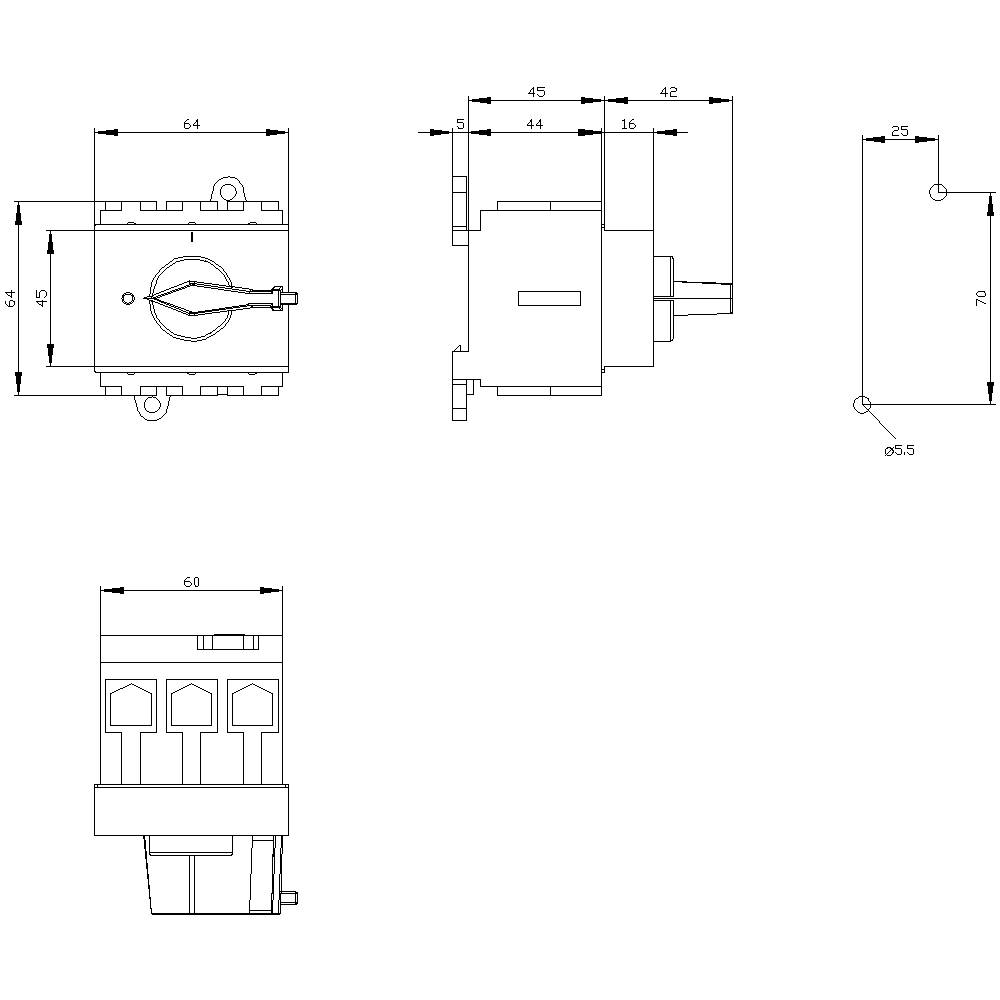 Technical drawing of a switch with top view, side view, and dimensions (64x60mm). Shows details for mounting and wiring.