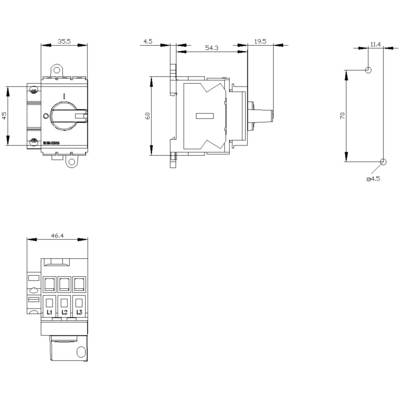 Technical drawing of an electrical switch with dimensions: 35.5 mm width, 46.4 mm depth, 70 mm height. Detailed view from all sides.