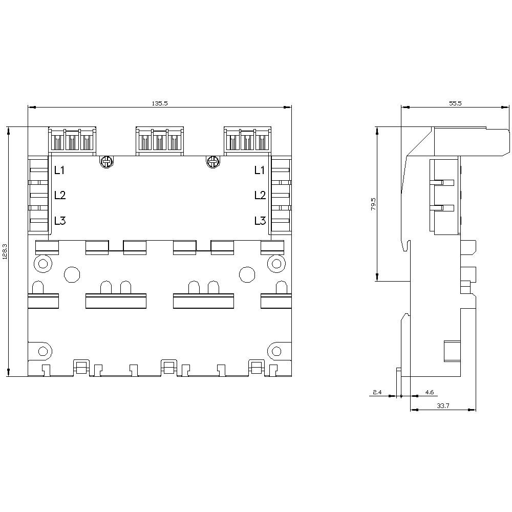 Technical drawing of an electrical component with dimensions. Shows top view and side view. Labelled with 'L1', 'L2', 'L3'.