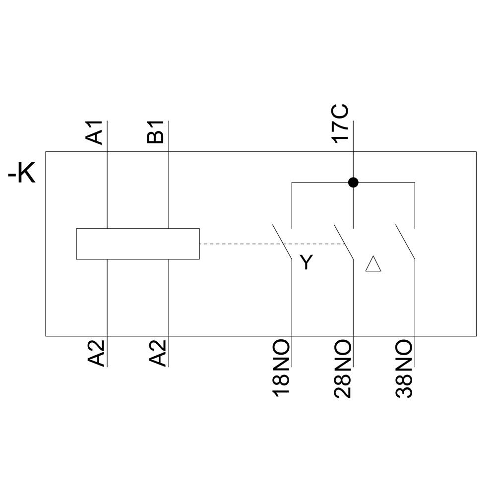 Circuit diagram of a relay with coil terminals marked as A1 and A2, switching contacts 17C, 18 NO, 28 NO, 38 NO. Main connection is from Y to delta.