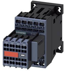 A Siemens electric contactor module, from the Sirius series, in black and blue with multiple connection terminals, for industrial control systems.