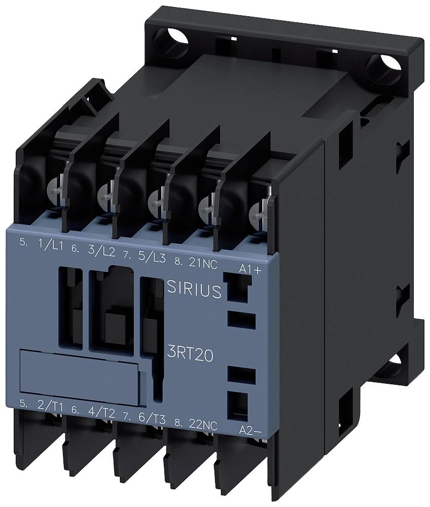 Industrial contactor with five terminals and blue front face, labelled 'SIRIUS 3RT20'. Suitable for electrical control circuits.