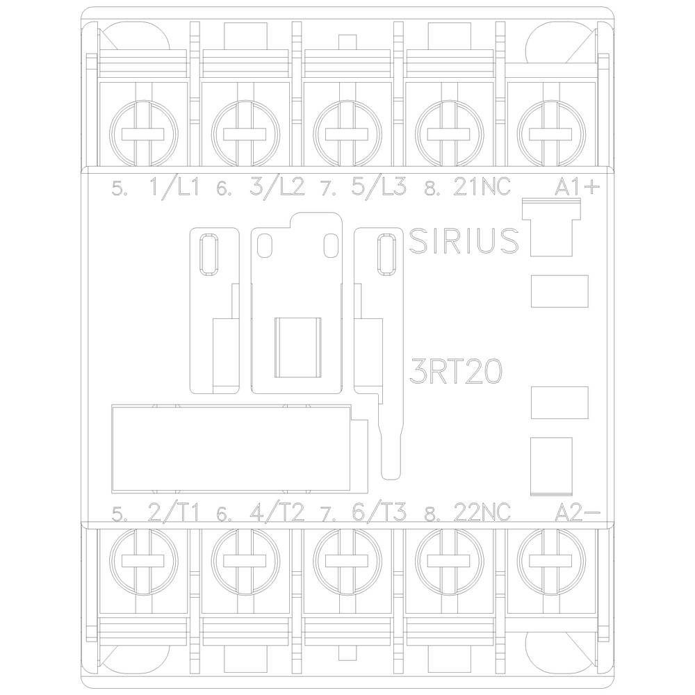 Technical drawing of a Siemens SIRIUS 3RT20 contactor with terminals and connection labels.