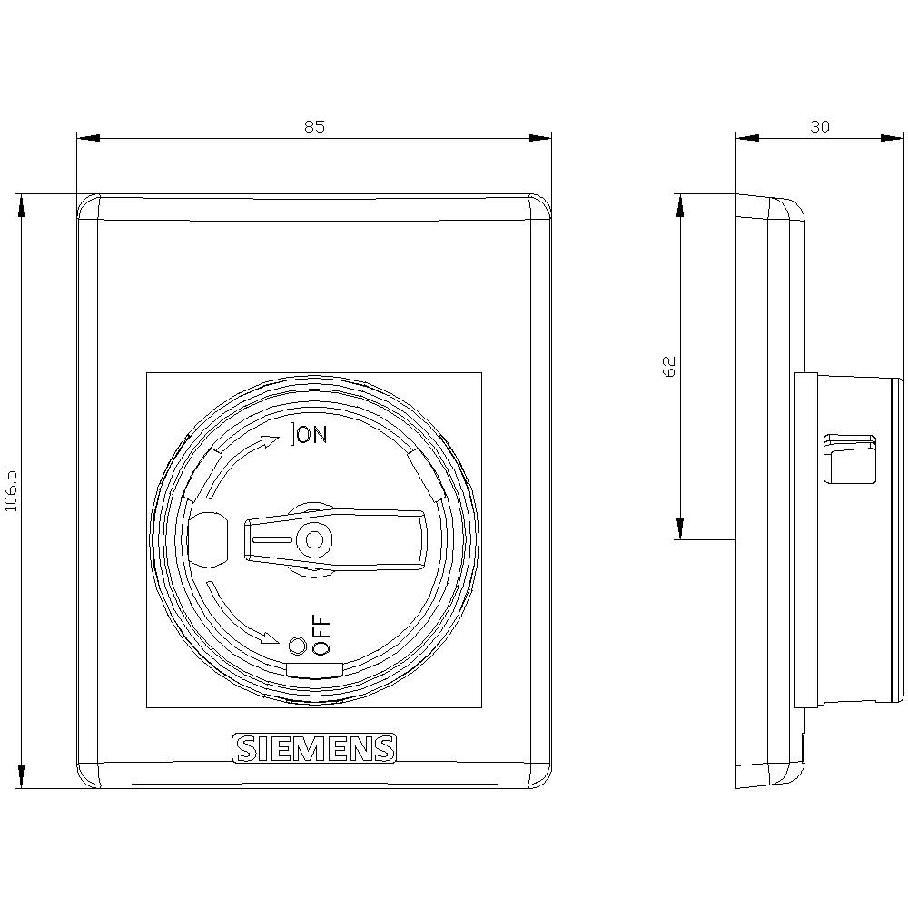 Technical drawing of a Siemens switch with front and side view. Dimensions: 85x106.5 mm at the front, 30 mm deep. Switch positions 'ON' and 'OFF'.